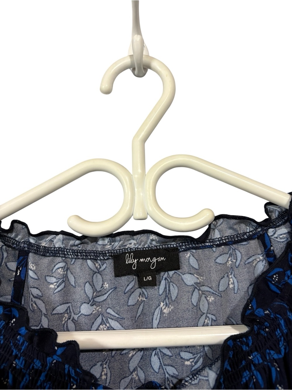 Lily Morgan, Navy Blue Leaf Print Ruffle Sleeve Stretch Blouse Tie Neck, Large - Picture 3 of 9